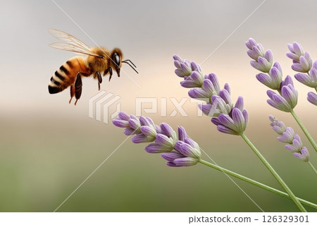 A stunning macro photograph capturing a honey bee in flight approaching lavender flowers. The image shows incredible detail of the bee's wings, body, and fuzzy texture against a soft. A stunning macro photograph capturing a honey bee in flight approaching lavender flowers. The image shows incredible detail of the bee's wings, body, and fuzzy texture against a soft. 126329301