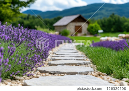 A picturesque stone pathway leads through a blooming lavender garden towards a rustic stone cottage nestled in the mountains. The stepping stones create a natural walkway  126329308