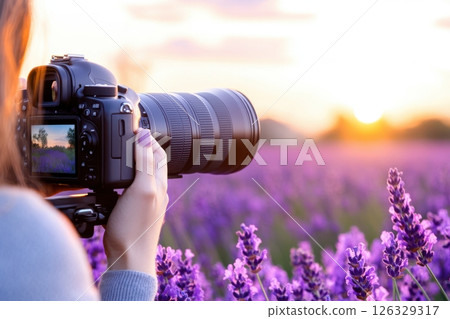 A photographer capturing a stunning lavender field at sunset using a professional DSLR camera with a telephoto lens. Hands steadfastly grasp the camera, capturing a fleeting moment. A photographer capturing a stunning lavender field at sunset using a professional DSLR camera with a telephoto lens. Hands steadfastly grasp the camera, capturing a fleeting moment. 126329317