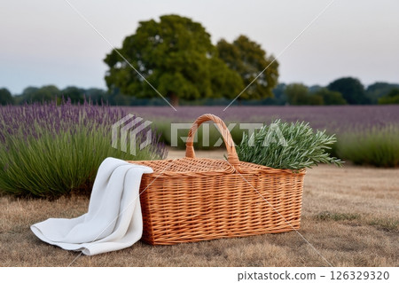 A traditional wicker picnic basket with a white linen napkin and fresh lavender sprigs, set against a beautiful backdrop of a lavender field and a majestic oak tree. A traditional wicker picnic basket with a white linen napkin and fresh lavender sprigs, set against a beautiful backdrop of a lavender field and a majestic oak tree. 126329320
