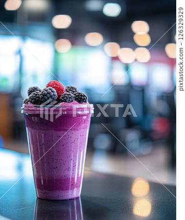 A vibrant purple berry smoothie served in a clear plastic cup, topped with fresh blackberries and a raspberry. The creamy smoothie has a rich, luxurious texture and beautiful purple color. A vibrant purple berry smoothie served in a clear plastic cup, topped with fresh blackberries and a raspberry. The creamy smoothie has a rich, luxurious texture and beautiful purple color. 126329329