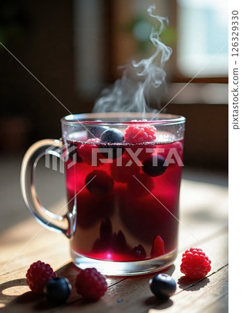 A steaming glass mug of hot berry tea with fresh raspberries and blueberries floating on top, captured in natural sunlight on a wooden surface.  126329330