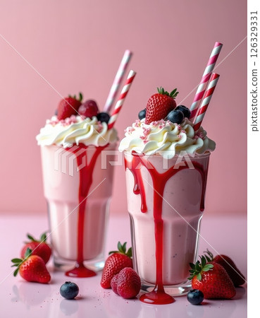 Luxurious strawberry milkshakes topped with whipped cream, fresh berries, and striped pink straws against a pink background. The glasses feature dramatic red syrup drips. 126329331