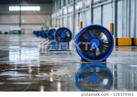 Industrial fan in a warehouse with a wet floor, cleanup, and pavement dried out. 126329361