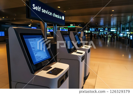 Modern check-in counters with self service kiosks in airport. generative ai. 126329379