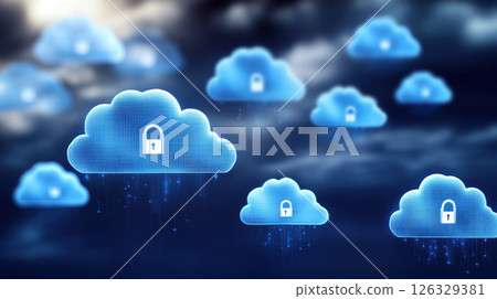 Cloud computing security. Cloud with padlock icon on dark background. Concept of data protection, cybersecurity, network security, and cloud storage. 126329381