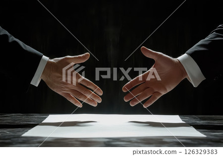 Two hands in suits reaching towards each other above an empty white sheet of paper on the ground, against a black background. 126329383