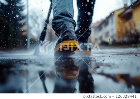Worker is cleaning a concrete driveway with a pressure washer. generative ai Worker is cleaning a concrete driveway with a pressure washer. generative ai 126329441