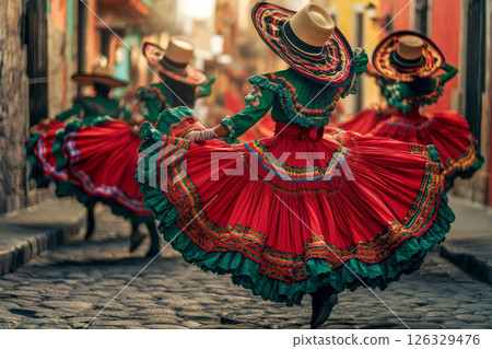 Colorful traditional mexican dress worn by female dancer at cultural festival. 126329476