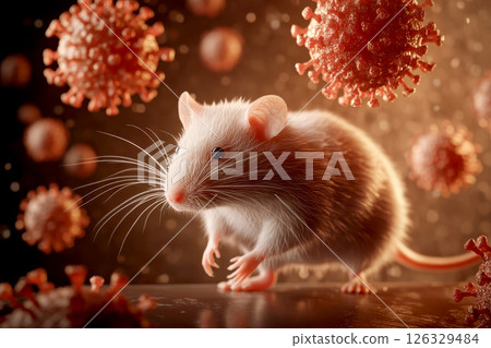 A rat is standing in front of virus particles. 126329484
