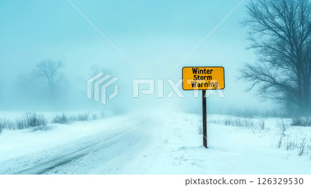 Winter Storm Warning Sign With Snowfall and Stormy Background. 126329530