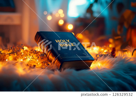 holy bible book close up on bed. holy bible book close up on bed. 126329532