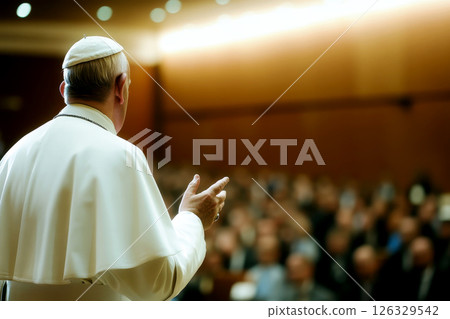 Pope addressing a large crowd from the stage. Concept Religious leader, Public speaking, Crowd engagement, Stage presence, Inspirational speech 126329542