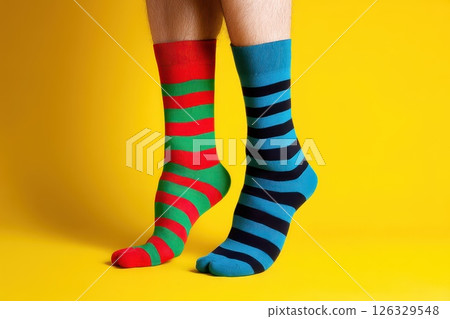 A person wearing colorful, striped different socks on a yellow background. 126329548