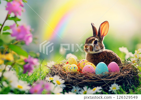 Happy easter bunny in easter meadow with eggs and copy space on rainbow background. 126329549
