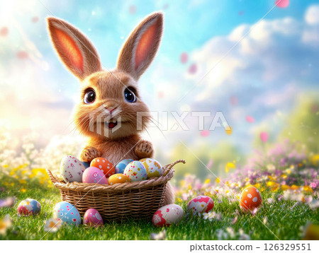 A cute bunny sitting next to a basket full of colorful Easter eggs on a green meadow. 126329551