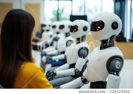 Humanoid robot and person working together in high-tech lab. 126329562