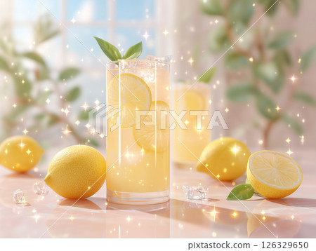 Image of carbonated lemon water and ice against a bright background 126329650