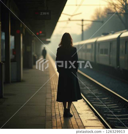 Back view of a woman waiting for a train on the station platform (AI illustration) 126329913
