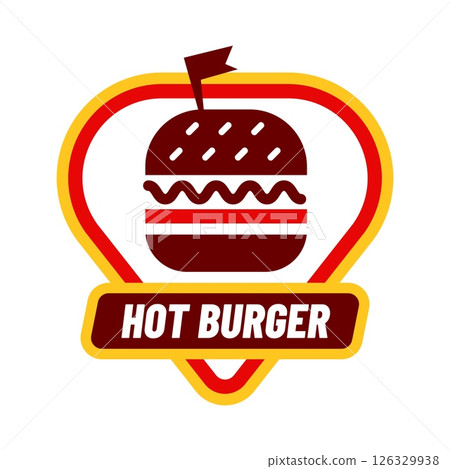 Burger fastfood logotype. Label or emblem for cafe or restaurant. Cheeseburger or hamburger delivery. Sale promotion sticker. Fast food logo dinner marketing badge. Vector isolated illustration 126329938