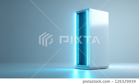Modern Digital Server Tower with Blue LED Lights in Minimal Setting 126329939