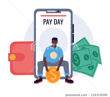 People with coins. Pay day. Man waiting salary. Wage for working. Employee holding money banknotes. Payoff date. Smartphone app. Organizer reminder. Financial profit. Vector concept 126329940