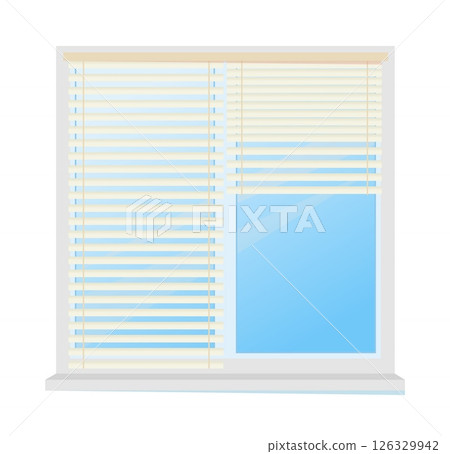 Blind window. Plastic roller curtain. White striped jalousie. Closed glass shutters. Architecture construction. House windowsill decor. Horizontal clear louvers. Vector interior element Blind window. Plastic roller curtain. White striped jalousie. Closed glass shutters. Architecture construction. House windowsill decor. Horizontal clear louvers. Vector interior element 126329942
