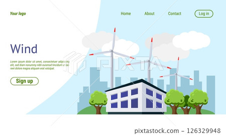 Power plant landing page. Windmill generator. Renewable energy of wind. Electricity generation. Website design template. Alternative resource. Eco powerhouse technology. Vector background Power plant landing page. Windmill generator. Renewable energy of wind. Electricity generation. Website design template. Alternative resource. Eco powerhouse technology. Vector background 126329948