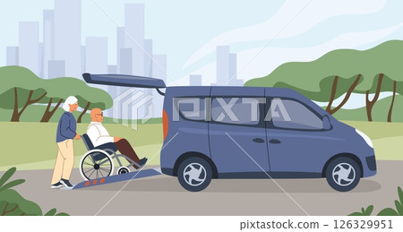 Disabled people use car. Woman helping to man boarding into automobile. Couple loading in auto van. Transport for old people who needs special hospital support. Vector illustration 126329951