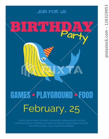 Happy birthday greeting card. Children holiday. Birth party. Baby anniversary celebration. Whale childish drawing. Cute sea animal. Nursery postcard. Kids event invitation vector design 126329953