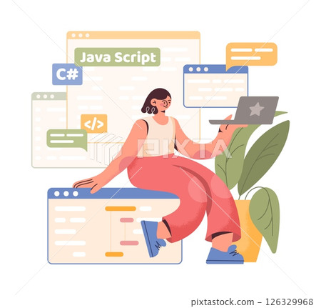 PC work. Computer programmer character. Browser windows. Web software. Programming script. Developer sitting on website frame with laptop. Network technology. Backend coders vector concept PC work. Computer programmer character. Browser windows. Web software. Programming script. Developer sitting on website frame with laptop. Network technology. Backend coders vector concept 126329968