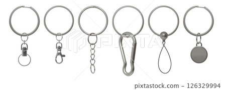3D keychains. Metal ring for keys. Silver keyholder. Privacy protection. Realistic keyring with pendant. Stainless steel accessory mockup. Metallic carbine. Door openers vector set 126329994