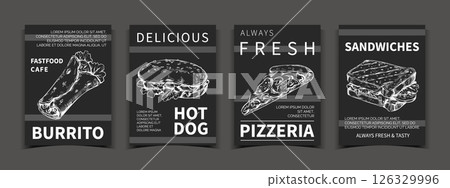 Sandwich sketch. Food doodle poster. Fastfood cafe. Burrito and hotdog black engraving. Pizzeria delivery. Restaurant flyer design template. Blackboard menu. Vector lunch meal banners set Sandwich sketch. Food doodle poster. Fastfood cafe. Burrito and hotdog black engraving. Pizzeria delivery. Restaurant flyer design template. Blackboard menu. Vector lunch meal banners set 126329996