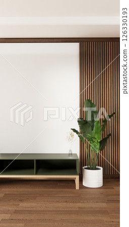 Mock up Cabinet and panel wall design on empty room with decoration ,lamp, plants .3D rendering 126330193