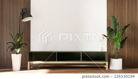 Mock up Cabinet and panel wall design on empty room with decoration ,lamp, plants .3D rendering 126330194
