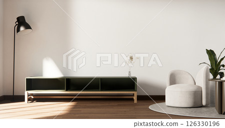 Mock up Cabinet and panel wall design on empty room with decoration ,lamp, plants .3D rendering 126330196