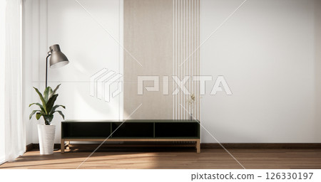 Mock up Cabinet and panel wall design on empty room with decoration ,lamp, plants .3D rendering 126330197