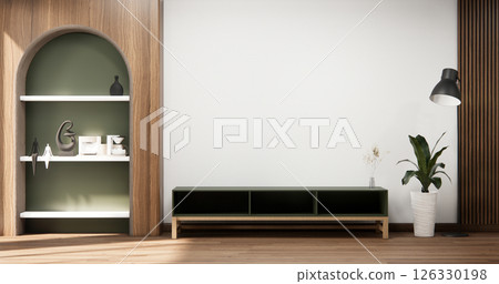 Mock up Cabinet and panel wall design on empty room with decoration ,lamp, plants .3D rendering 126330198