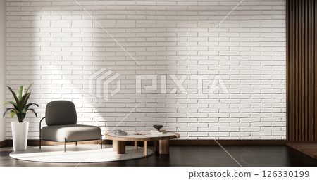 wood style, Armchair and decoration on Modern room interior muji style.3D rendering wood style, Armchair and decoration on Modern room interior muji style.3D rendering 126330199