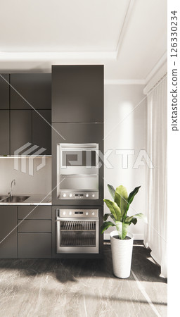black style Kitchen bar on set kitchen shaped modern style white and wood concept. 3d rendering 126330234