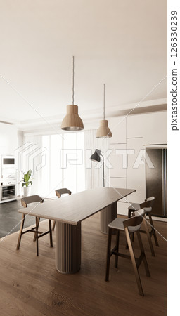 mockup white Kitchen bar on set kitchen shaped modern style white and wood concept. 3d rendering 126330239
