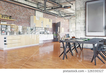 Industrial kitchen with exposed brick wall 126330327