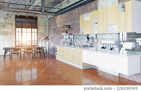 Bright loft kitchen with white cabinets 126330345