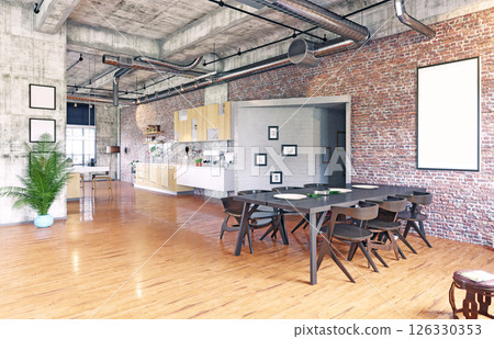 Loft kitchen with brick wall and black table Loft kitchen with brick wall and black table 126330353
