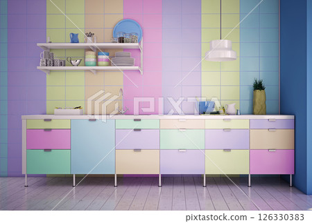 Pastel kitchen with soft lighting 126330383