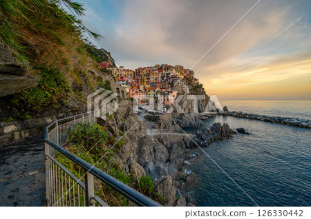 Manarola Coastal Village Sunset Panorama, Italy 126330442