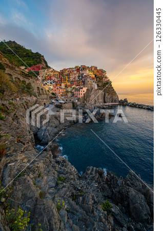 Manarola Coastal Village Sunset Panorama, Italy 126330445