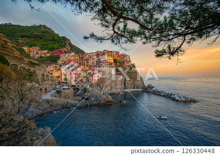 Manarola Coastal Village Sunset Panorama, Italy 126330448
