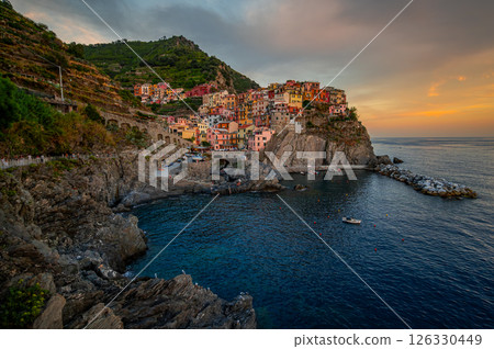 Manarola Coastal Village Sunset Panorama, Italy 126330449