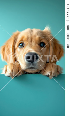 Golden retriever puppy curiously peeking over a table with a mint green background 126330483